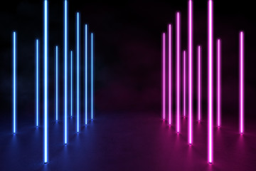 Ultraviolet 3D neon light background with vertical line in concrete floor, 3d rendering of holographic technology for virtual reality pink cyan spectrum laser show