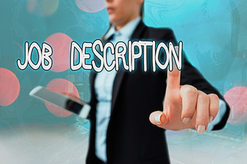 Writing note showing Job Description. Business concept for a formal account of an employee s is...