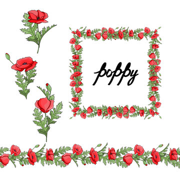 Horizontal floral border pattern. Fashion style. Floral wreath. Detailed contour wreath and seamless pattern brush with poppy isolated on white. Endless horizontal texture for your design.