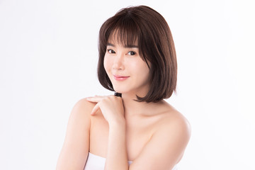 Fototapeta premium Beautiful Young Asian Woman touching her body with fresh Healthy Skin, isolated on white background, Beauty Cosmetics and Facial treatment Concept.