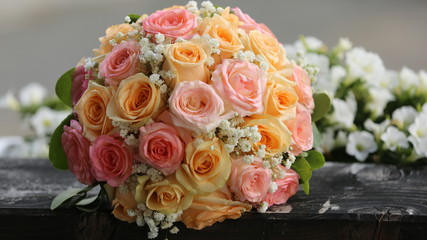 Close up of a wedding bouquet with roses.