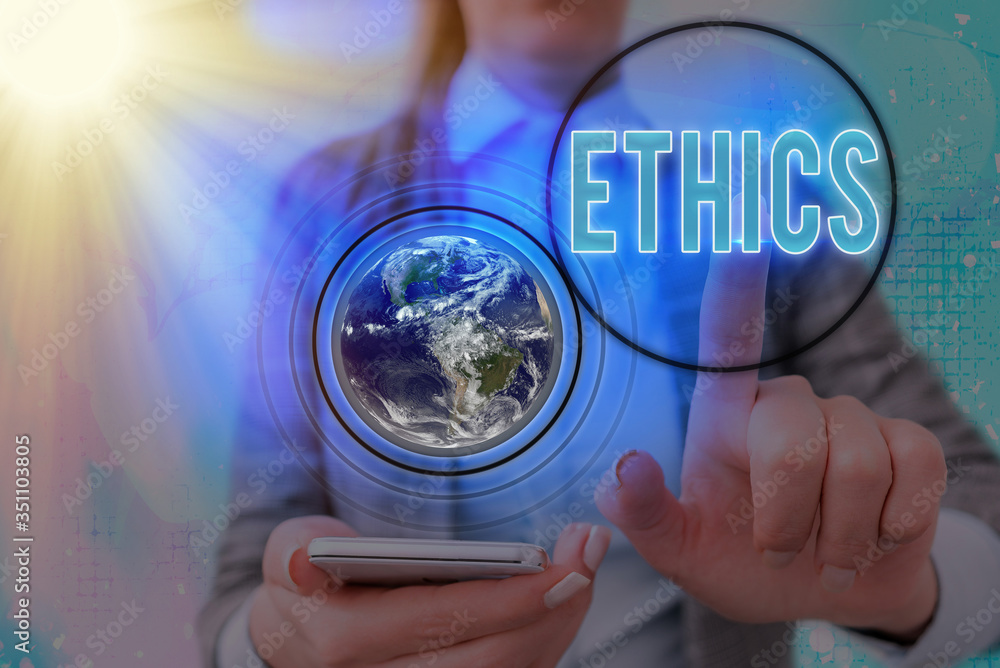 Poster writing note showing ethics. business concept for the moral philosophy or code of morals practiced b