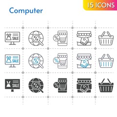 computer icon set. included online shop, handshake, shopping-basket, internet, shopping basket icons on white background. linear, bicolor, filled styles.