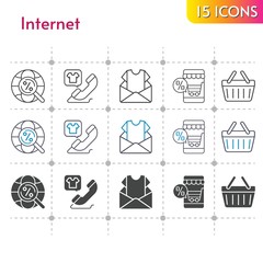 internet icon set. included newsletter, online shop, phone call, shopping-basket, internet, shopping basket icons on white background. linear, bicolor, filled styles.