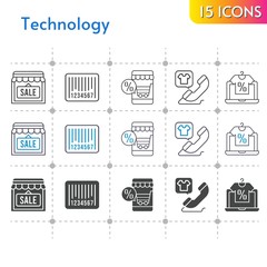 technology icon set. included online shop, shop, phone call, barcode icons on white background. linear, bicolor, filled styles.