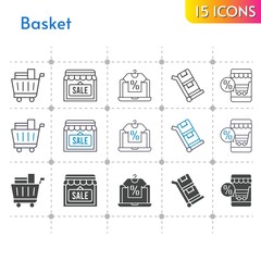 basket icon set. included online shop, shop, shopping cart, trolley icons on white background. linear, bicolor, filled styles.