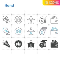 hand icon set. included megaphone, wallet, money, like, towel icons on white background. linear, bicolor, filled styles.