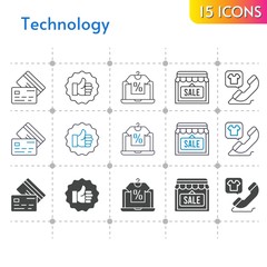 technology icon set. included online shop, shop, like, phone call, credit card icons on white background. linear, bicolor, filled styles.