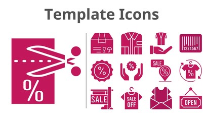template icons set. included newsletter, sale, shirt, package, voucher, jacket, discount, placeholder, barcode, open icons. filled styles.