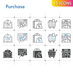 purchase icon set. included online shop, shopping bag, shop, shopping cart icons on white background. linear, bicolor, filled styles.