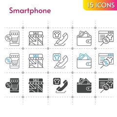 smartphone icon set. included online shop, shop, wallet, phone call icons on white background. linear, bicolor, filled styles.