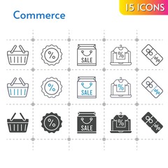 commerce icon set. included shopping bag, online shop, discount, shopping-basket, shopping basket icons on white background. linear, bicolor, filled styles.