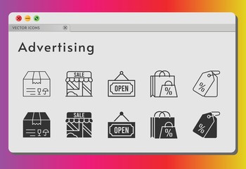 advertising icon set. included shopping bag, package, shop, price tag, open icons on white background. linear, filled styles.