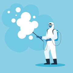person with protective suit or spraying viruses of covid 19, desinfection virus concept