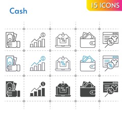 cash icon set. included profits, online shop, wallet, money icons on white background. linear, bicolor, filled styles.