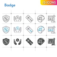 badge icon set. included sale, warranty, discount icons on white background. linear, bicolor, filled styles.
