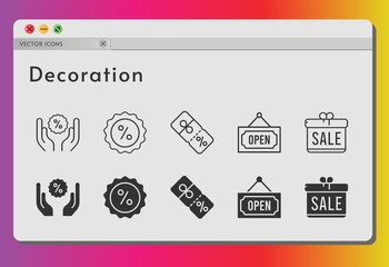decoration icon set. included gift, discount, open icons on white background. linear, filled styles.