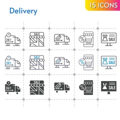 delivery icon set. included online shop, shop, delivery truck icons on white background. linear, bicolor, filled styles.