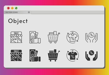 object icon set. included shop, shirt, money, shopping cart, discount icons on white background. linear, filled styles.