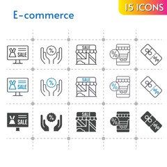 e-commerce icon set. included online shop, shop, discount icons on white background. linear, bicolor, filled styles.