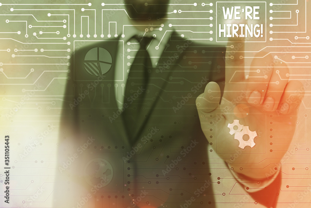 Poster writing note showing we re hiring. business concept for process of reviewing applications and findin