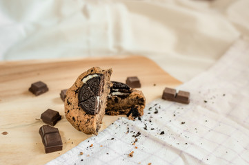 soft dark chocolate brownie cookies on on cutting board