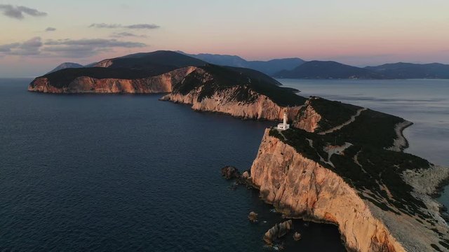 Sunset  in Cape Doukato. Lefkada island, Greece, Lighthouse view  4k footage