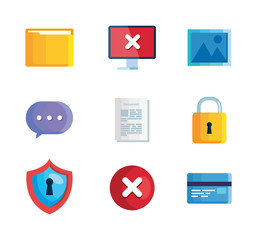 set of icons insecurity and technology error vector illustration design