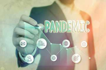 Writing note showing Pandemic. Business concept for occurring over a wide area affecting high...