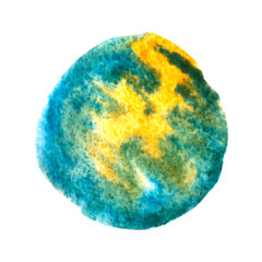abstract watercolor stain, bright yellow-blue circle of paint