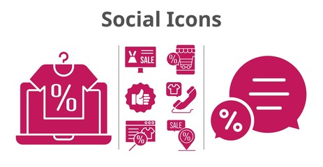 social icons set. included online shop, like, chat, phone call, placeholder icons. filled styles.