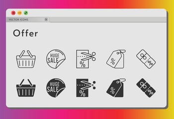 offer icon set. included sale, voucher, price tag, discount, shopping-basket, shopping basket icons on white background. linear, filled styles.
