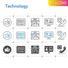 technology icon set. included online shop, shop, like, phone call, barcode icons on white background. linear, bicolor, filled styles.