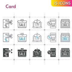 card icon set. included gift, online shop, shop, voucher icons on white background. linear, bicolor, filled styles.