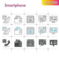 smartphone icon set. included online shop, wallet, shop, phone call icons on white background. linear, bicolor, filled styles.