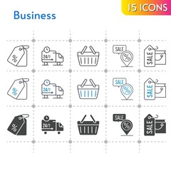business icon set. included shopping bag, price tag, shopping-basket, delivery truck, placeholder, shopping basket icons on white background. linear, bicolor, filled styles.