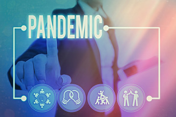 Conceptual hand writing showing Pandemic. Concept meaning occurring over a wide area affecting high...
