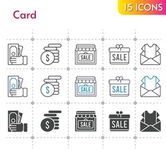 card icon set. included gift, newsletter, shop, money icons on white background. linear, bicolor, filled styles.
