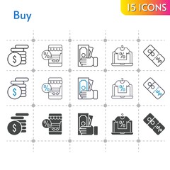 buy icon set. included online shop, money, discount icons on white background. linear, bicolor, filled styles.