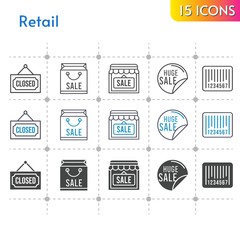 retail icon set. included shopping bag, sale, shop, closed, barcode icons on white background. linear, bicolor, filled styles.