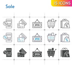 Fototapeta na wymiar sale icon set. included online shop, shopping bag, shopping cart, credit card, open icons on white background. linear, bicolor, filled styles.