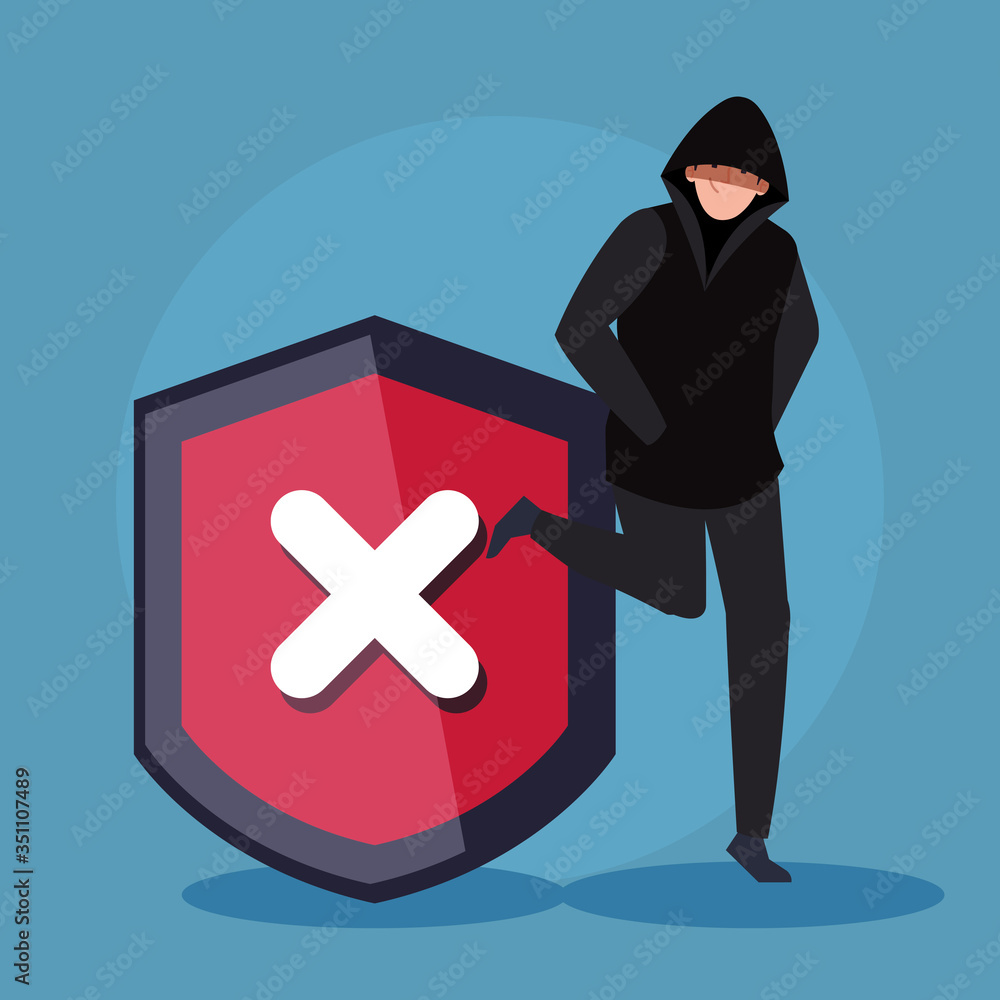 Poster hacker person and shield icon vector illustration design