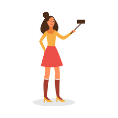 Character of woman taking selfie with phone, flat vector illustration isolated.