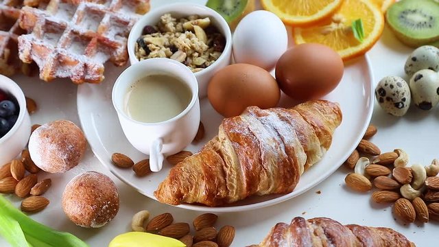 Breakfast with boiled eggs. Top view, rotation
