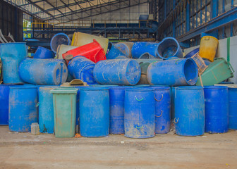 old garbage bins for separate and recycle in garbage warehouse