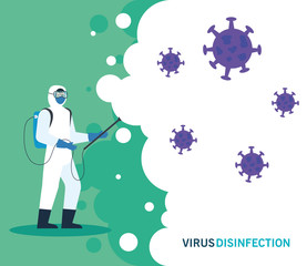 Obraz premium person with protective suit or spraying viruses and particles covid 19, desinfection virus concept vector illustration design