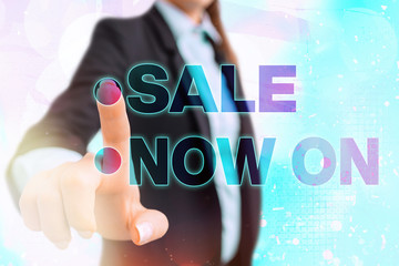 Writing note showing Sale Now On. Business concept for Discounts and promotional sales retail...
