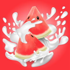 Watermelon Fresh fruit, 3d realistic water melon piece slice with milk juice splash. Vector illustration