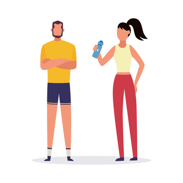 Fitness trainer and client in sport clothes - cartoon man and woman