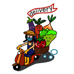 cute farm delivery girl on the scooter with vegetable mascots 